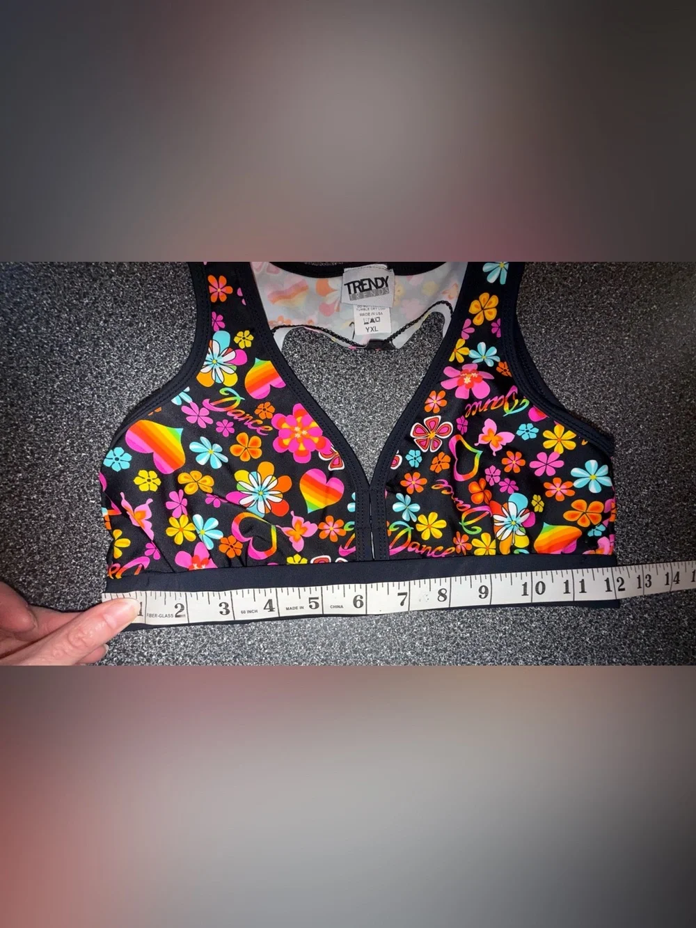Trendy Threads Dance Bra Top Size Youth X-Large Black & Groovy Dance Theme